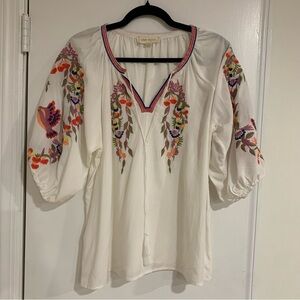Luna Moon Bohemian Embroidered Tassel Tie Puff Sleeve Top Colorful Sz Medium
